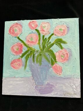 “Pink Flowers On A Lavender table “ AnOriginal Oil Painting 12”x12” On Wood